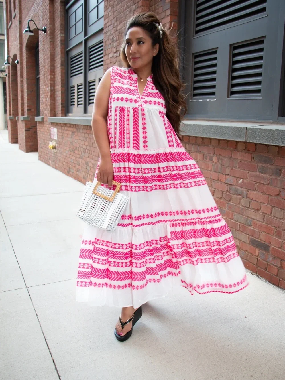 Zele White Maxi Dress with Hot Pink Embroidered Stripes - Picture 1 of 9